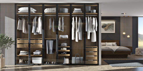Organized interior of a custom built-in wardrobe